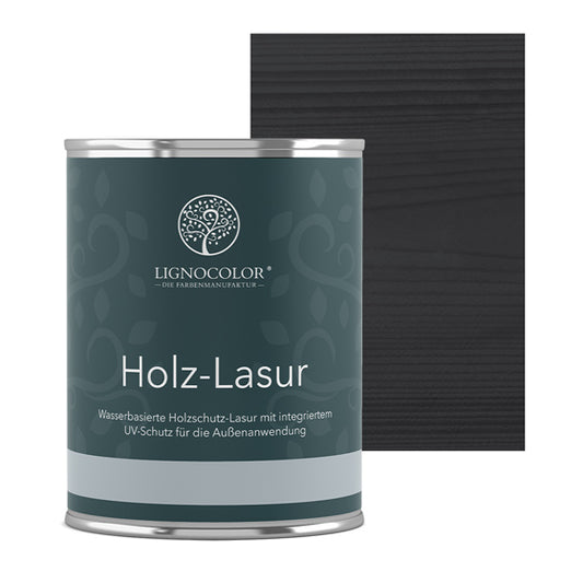 Holzlasur Anthrazit Grau Dose mit lasiertem Brett im Hintergrund.