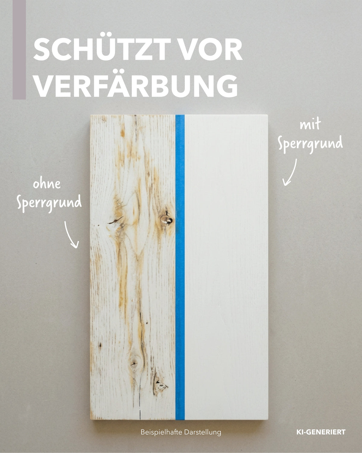 Zweigeteiltes Brett, dass auf einer Seite nur gestrichen und auf der anderen Seite grundiert und gestrichen wurde. Dadurch sieht man den Effekt des Durchblutens.