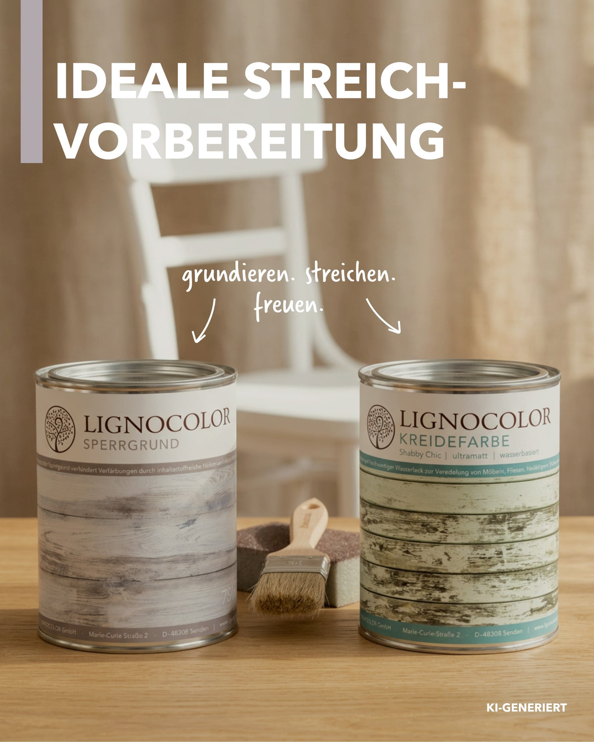 Dosen von Sperrgrund und Kreidefarbe stehen nebeneinander. Im Hintergrund ein weiß gestrichener Stuhl.