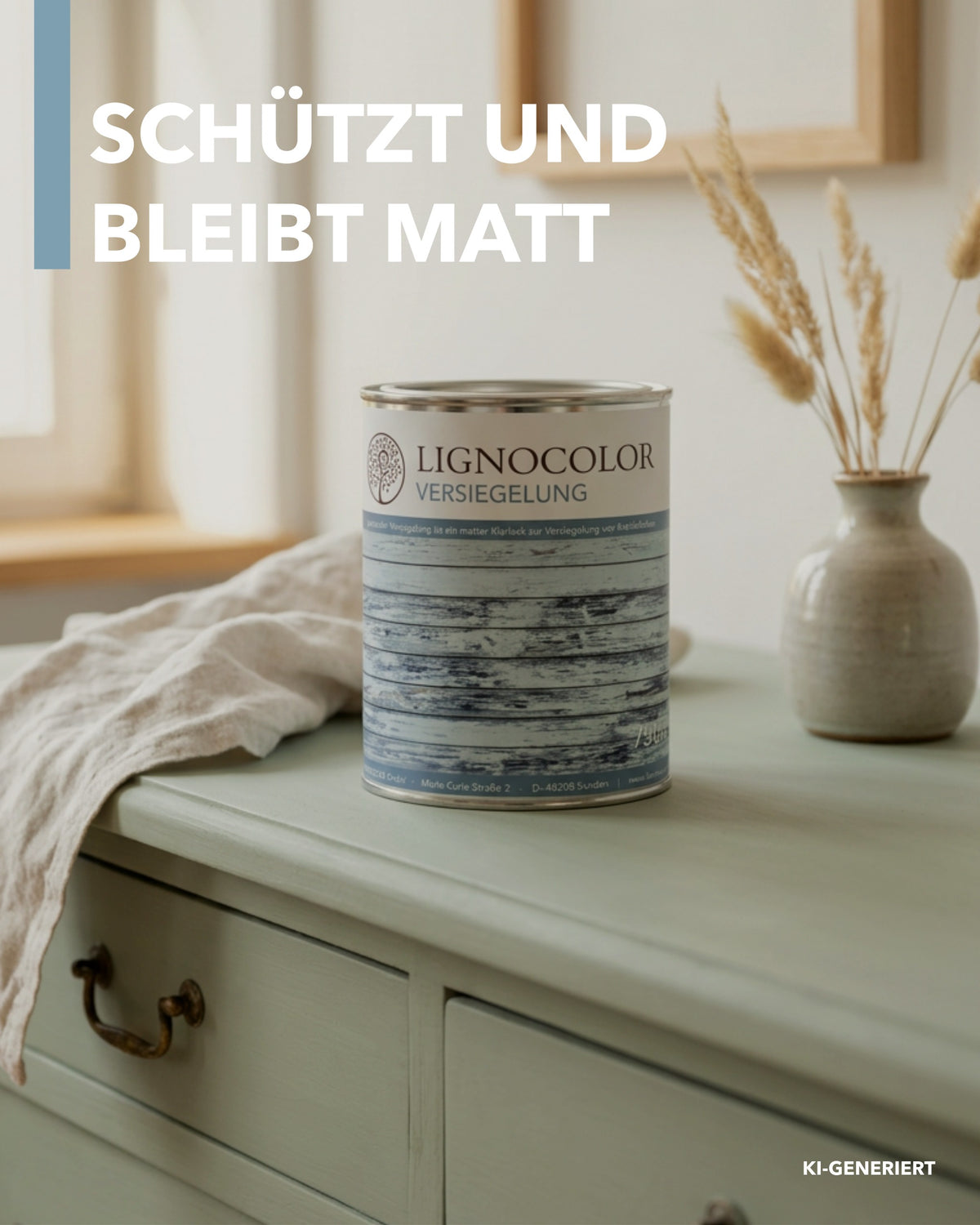 Bild zeigt die Nahaufnahme einer Dose der Lignocolor Versiegelung auf einer in grün gestrichenen Kommode in einem Wohnzimmer. Text im Bild sagt: Schützt und bleibt matt.