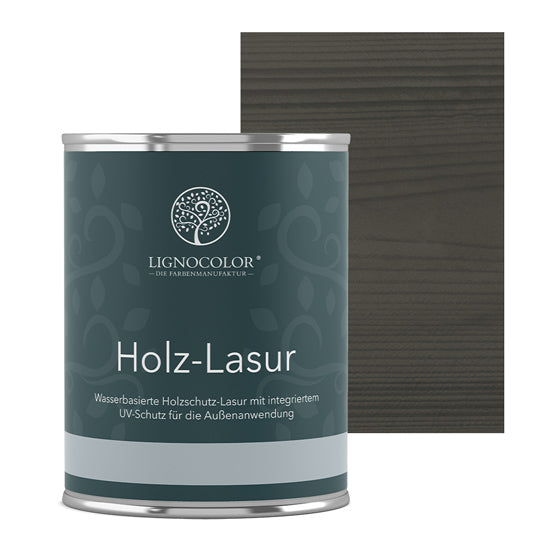 Holzlasur Graphitgrau Dose mit lasiertem Brett im Hintergrund.