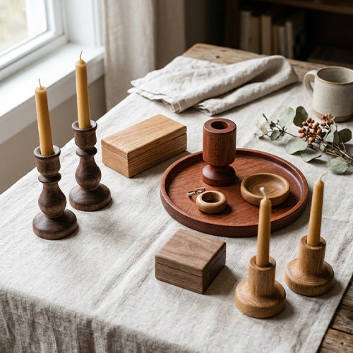 Gebeizte Kerzenständer, Schatullen und ein Tablett aus Holz auf einem Tisch.