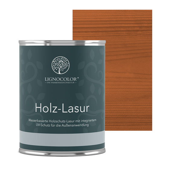 Holzlasur Kiefer Dose mit lasiertem Brett im Hintergrund.