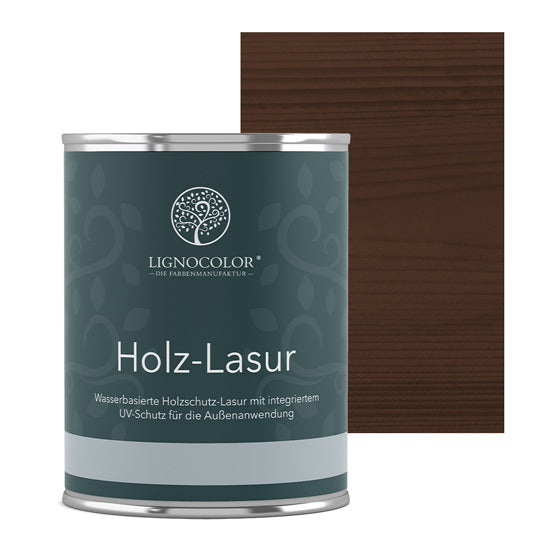 Holzlasur Nussbaum dunkel Dose mit lasiertem Brett im Hintergrund.
