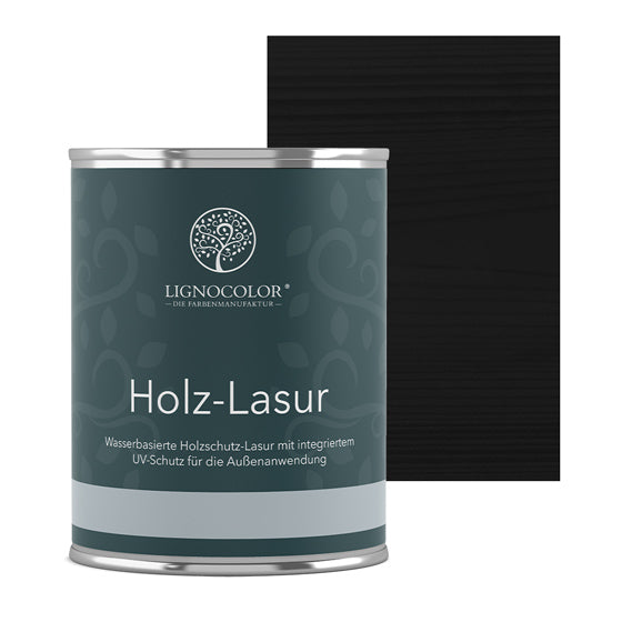 Holzlasur Schwarz Dose mit lasiertem Brett im Hintergrund.