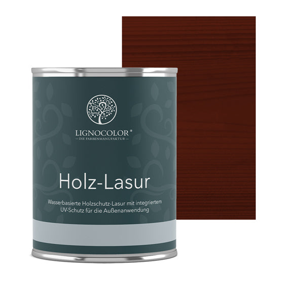 Holzlasur Schwedenrot Dose mit lasiertem Brett im Hintergrund.